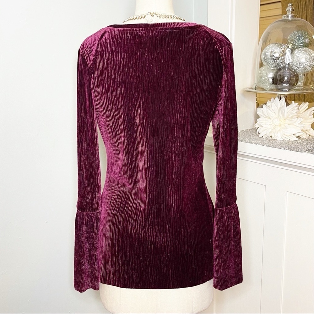 Tribal Burgundy Velvet Scoop Neck Bell Sleeve Stretchy Top Medium - Picture 8 of 13
